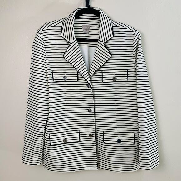 NEW Chicos Size 2 US L Striped Blazer Jacket White Black Nautical Career Stretch - Picture 3 of 10